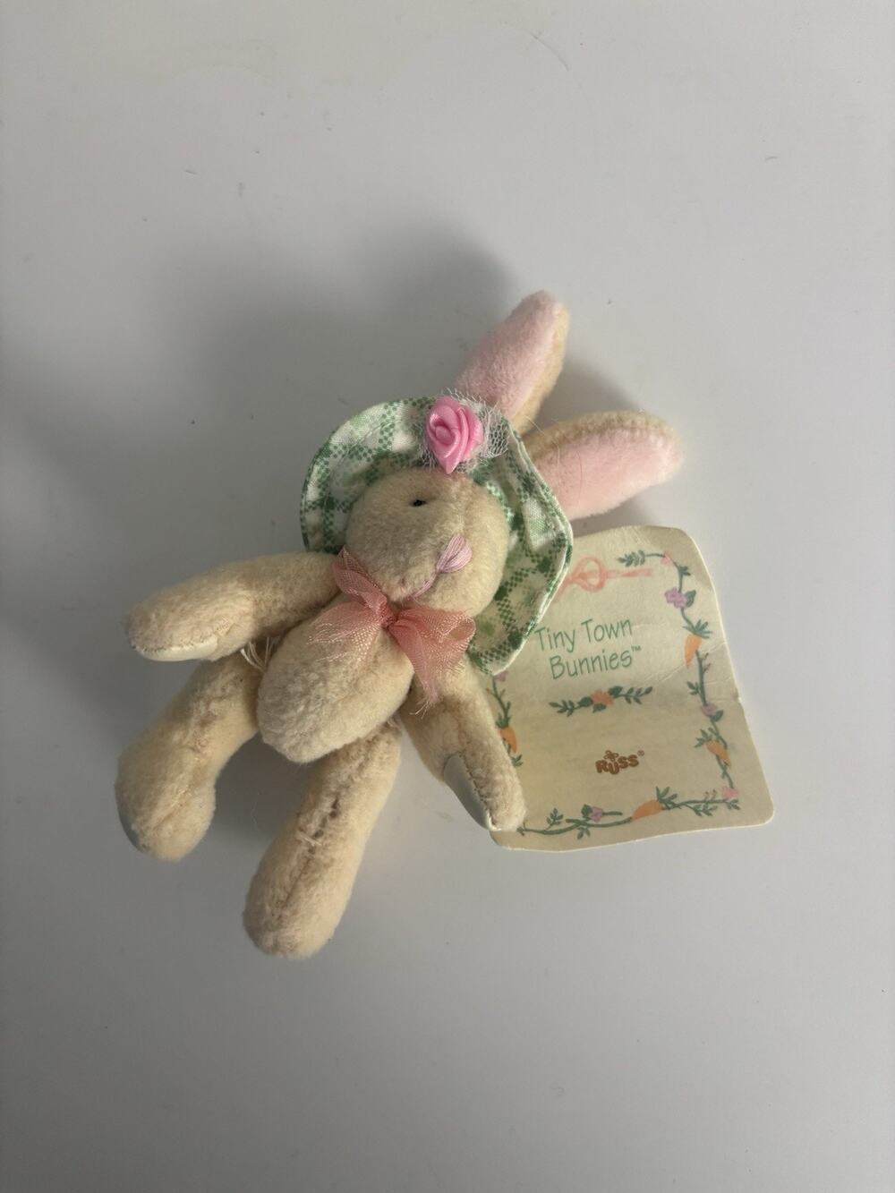 Vtg 90s Russ Tiny Town Bunnies Jointed Mini Plush Rabbit Gingham Bonnet 3” Tag